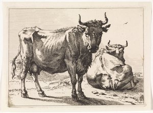 Ayakta duran ve yalancı bir inek Het Bullenboekje (seri başlığı) by Paulus Potter
