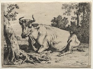 Bir ağacın yanında yatan inek. by Paulus Potter