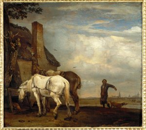 Bir köylü kulübesinin önünde iki at. by Paulus Potter