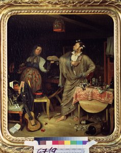 ""Ben bir atlıyım! (ya da yeni dekore edilmiş subayın sabahı) (Fresh Cavalier (İlk haçını alan bir bürokratın sabahı) Sabahlık giymiş bir asker, dağınık dairede madalyasını gururla takıyor.Resim Pavel Fedotov (18) by Pavel Andreevich Fedotov