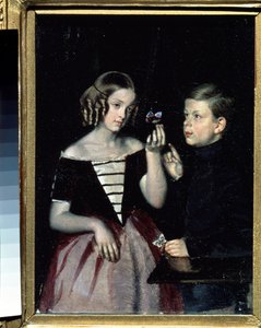 ""Bir Kelebek Düşünen İki Gerbin Çocuğun Portresi"" Tablosu Pavel Fedotov (1815-1852) 1851 Dolaylarında Rus Devlet Müzesi, Saint Petersburg by Pavel Andreevich Fedotov