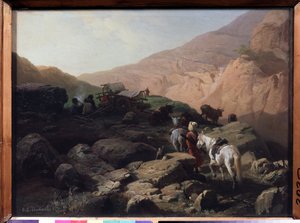 Kafkasya (Kafkasya). Gezginler dağlarda, bir odun ateşinin, vagonların ve yakındaki ekiplerin etrafında dururlar. Yakınlarda inekler otluyor ve atlar hâlâ çimenli bir çayıra kafa tutuyor. serme boyama