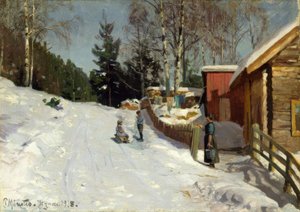 Karla kaplı köy caddesinde oynayan çocuklar by Peder Monsted