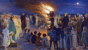 Veillee de Saint Jean sur la plage de Skagen (Danimarka) - Skagen Sahilinde Yaz Gecesi Şenlik Ateşi, yazan Kroyer, Peder Severin (1851-1909). Tuval üzerine yağlıboya. Boyut: 149,5x257 cm. Skagens Müzesi by Peder Severin Krøyer