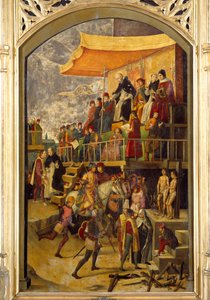 Engizisyon “” Autodafe başkanlık ediyor Saint Dominica de Guzman (1170-1221), Dominik Tarikatı'nın kurucusu”” Pedro Berruguete (1450-1504) 1495 Sun tarafından ahşap üzerine boyama. 1,54x0,92 m Madrid, Musee du Prado