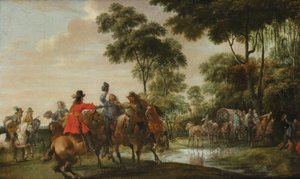 Otoyolcular bir orman deresinin yanında eğimli bir arabaya baskın yapıyorlar by Peeter Snayers