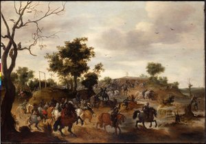 Bir süvari savaşı, darağacı ve ötesinde bir yel değirmeni ile manzara by Peeter Snayers