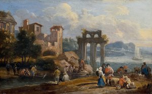 Bir harabenin yanında duran bir manzaradaki figürler by Peeter or Pieter Bout
