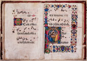 Piccolomini Kütüphanesi: koro kitabı, morina. 102.8, ff. 47v-48r, Pellegrino di Mariano tarafından “Doğuş” ile.