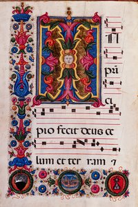 Piccolomini Kütüphanesi: koro kitabı, morina. 5.E, ff. Pellegrino di Mariano tarafından "Foliated ilk" ile 4v.