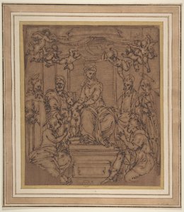 Aziz Anthony Abbot, Aziz Peter, Aziz Paul ile Enthroned Bakire ve Çocuk..., 1522-23. by Perino del Vaga