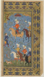A Royal Hunt from a Shahnama (Krallar Kitabı), Firdevsi, c.1590-1600 (mürekkep, opak suluboya ve kağıt üzerine altın) by Persian School