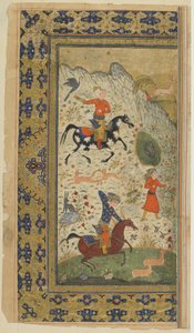 A Royal Hunt from a Shahnama (Krallar Kitabı), Firdevsi, c.1590-1600 (mürekkep, opak suluboya ve kağıt üzerine altın) by Persian School