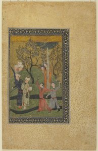 Bir bahçede saray mensuplarıyla çevrili bir prens ve prenses, c.1480 by Persian School