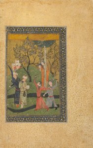 Tanımlanamayan bir metinden folio; Bahçede Saraylılarla Çevrili Bir Prens ve Prenses, İran, Türkmen dönemi, c.1480 (kağıt üzerine opak suluboya, mürekkep ve altın) by Persian School