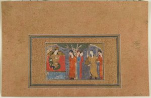 Tanımlanamayan bir metinden folio; A Princess Enthroned, İran, c.1440-50 (kağıt üzerinde opak suluboya, mürekkep ve altın) by Persian School