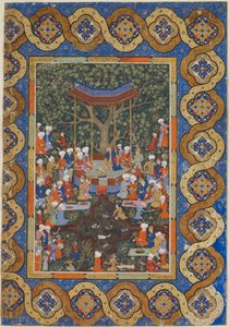 Tanımlanamayan bir metinden folio; Saray Üyeleri ve Görevlilerle Çevrili Bir Bahçe Köşkünde Bir Cetvel (kağıt üzerinde opak suluboya, mürekkep ve altın) by Persian School