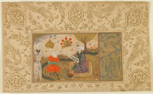 Tanımlanamayan bir metinden folio; Bir Kadın Dere Kenarında Oturan Bir Adamla Sohbet Eder, İran, c.1500 (kağıt üzerine opak suluboya, mürekkep ve altın) by Persian School