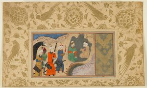 Tanımlanamayan bir metinden folio; İskender (?) Bir Münzevi ziyareti, İran, c.1500 (kağıt üzerine opak suluboya, mürekkep ve altın) by Persian School