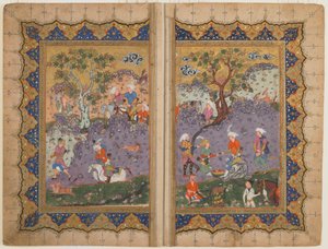 Tanımlanamayan bir metinden folio; Verso: Refakatçilerle Çevrili Bir Kayanın Üzerinde Oturan Prens, İsfahan, İran, c.1600 (kağıt üzerine opak suluboya, mürekkep ve altın) by Persian School