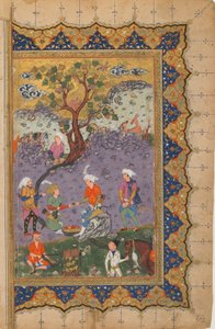 Tanımlanamayan bir metinden folio; Verso: Refakatçilerle Çevrili Bir Kayanın Üzerinde Oturan Prens, İsfahan, İran, c.1600 (kağıt üzerine opak suluboya, mürekkep ve altın) by Persian School