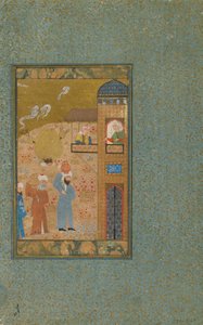 Tanımlanamayan bir metinden folio; verso: Sürahi Taşıyan İki Adam Bir Binaya Yaklaşıyor, Şiraz, İran, c.1520 (kağıt üzerine opak suluboya, mürekkep ve altın) by Persian School