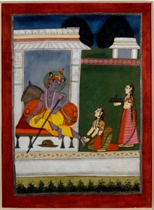 Hinduizm: “” Krishna dinleniyor””” Bir sonraki ayaklarını paspaslar. 17. yüzyıl Hint okulunun Pers minyatürü. Rennes, Güzel Sanatlar Müzesi by Persian School