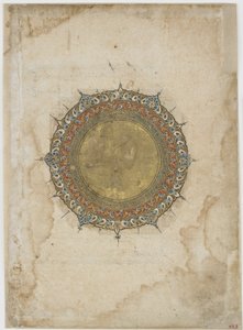 İki dekoratif bordürlü ışıklı madalyon, tanımlanamayan bir metinden folyo, İran, 13.-14. yüzyıl (kağıt üzerinde opak suluboya ve altın) by Persian School