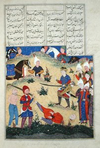 Bayan D-184 fol.208b Efrasiyab'ın rüyasının başının kesilmesi gerçekleşir, Ebu'l-Qasim Manur Firdevsi'nin (c.934-c.1020) 'Shahnama'dan (Krallar Kitabı) bir örnek, c.1510-40 (kağıt üzerine guaj boya) by Persian School