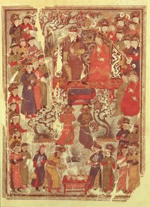 Bayan Destek Pers. 1113 f.126v Cengiz Han ve karısı Bortei, saray mensuplarının huzurunda tahta çıktı, Rashid ad-Din