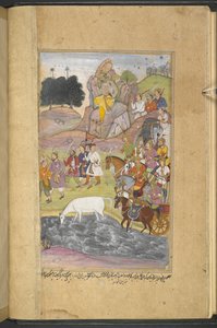 Or.12076 f.7v Syamakarna atının, Bhadravati şehrinin yukarısındaki dağda oturan ve Raja Yauvanasva ordusunun askerlerini izleyen Bhima tarafından keşfi. (Narayan Khurd) 