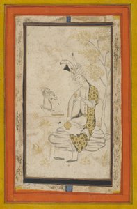 Kayaya oturan Şah Tahmasp, Safevi hanedanı (kağıt üzerinde mürekkep ve altın) by Persian School