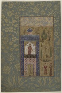 Bir pencerede bir prensesin önünde iki genç, c.1417-18 (kağıt üzerinde opak suluboya ve altın rengi) by Persian School