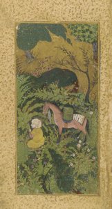 Ormanlık koruda atlı bekleyen damat, muhtemelen Tebriz, Türkmen hanedanı, c.1500 (kağıt üzerinde opak suluboya ve altın) by Persian School