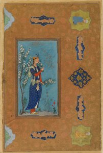 Elinde çiçek spreyi olan kadın, Safevi Dönemi, c.1575 (kağıt üzerinde wc ve altın) by Persian School