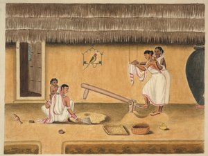 Bir dhenki ile çeltik kabuklarını ayıklayan kadınlar, 1840 dolayları (kağıt üzerine suluboya) by Persian School