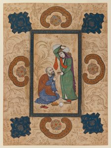 Bir adaçayı şarap sunan genç kadın (kağıt üzerinde mürekkep ve opak klozet) by Persian School