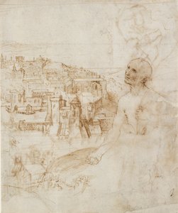 Ön planda tövbekar St Jerome ile Perugia şehrinin görünümü, 1500-1504 by Perugino