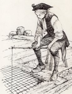 Eski Londra Köprüsü'ndeki St Thomas Şapeli'nde balık tutan çocuk (kağıt üzerine mürekkep) by Peter Jackson
