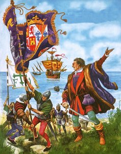 Christopher Columbus, yeni bulunan Amerika topraklarına İspanyol Kraliyet Standardını dikiyor by Peter Jackson