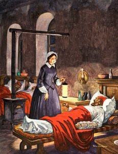 Florence Nightingale. Lambalı Kadın hastanede hasta askerleri ziyaret ederken