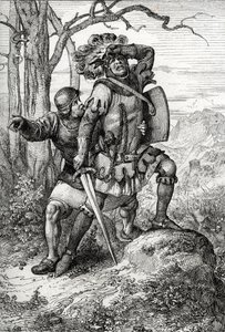 Avusturya Dükü Leopold I, Habsburg Lordu, 15 Kasım 1315'te Morgarten Savaşı'nda İsviçre konfederasyonlarına karşı arkadaşlarından biri tarafından kurtarıldı (15 Kasım 1315'te Morgarten Savaşı, Avusturya Dükü Leopold I, bir asker tarafından kurt by Peter Johann Nepomuck Geiger