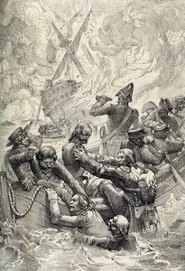 Mısır Keşif Gezisi: Ağustos 1798'de Nil Savaşı'nda (Aboukir Savaşı) Doğunun Yıkımı (Aboukir Körfezi Savaşı: Nil Savaşı'nda L'Orient'in Yıkımı, Ağustos 1798) "Historische Memorabilian"dan tüy çizimi des In by Peter Johann Nepomuck Geiger
