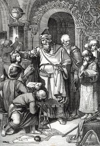 İmparator Şarlman (742-814) çocukların okul meclisinin kurucusu” (İmparator Şarlman çocuklarla tanışır, eğitim ve öğrenime olan ilgisi ve bilim adamlarının himayesi onun okulların hamisi olarak görülmesine neden olmuştur) by Peter Johann Nepomuck Geiger