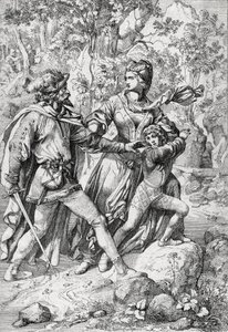 İngiltere Kraliçesi Margaret of Anjou (1430-1482) ve oğlu Edward, Yorkistlerin zaferinden sonra uçuşları sırasında bir soyguncu tarafından kurtarıldı.