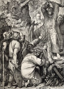 Mainz'li Aziz Boniface'in (680-754) temsili, druidleri bunun kutsal bir ağaç olmadığına ikna etmek için Thor'un meşesini kesiyor (Aziz Boniface (Bonifacius) Thor'un meşesini (Donar veya Jove's meşe) Cermen putperestlerinin kutsal ağacın