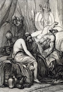 Hunların kralı Attila'nın (395-453) germaine Ildico ile düğün gecesi uykusunda ölümü, 453 (Hun hükümdarı Attila'nın düğün gecesinde ölümü, gelini Ildico onun bedeni üzerinde ağlıyor, 453) ) “Historis” ten alınan tüy çizimi