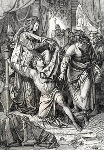 1207'de Almanya'daki Wartburg kalesinin şiirsel yarışması: Minnesanger'lar şiirsel oyunlarda yarışırlar, ozan Henri d'Ofterdingen, Kontes tarafından korunur (Heinrich von Ofterdingen, Sangerkrieg'e (Minstrels' c) katılan Minnesinger by Peter Johann Nepomuck Geiger