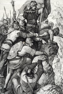 Baviere'li I. Othon'un (1117-1183) İtalya'da Verona yakınlarındaki birlikleri 1155 (Otto I, Bavyera Dükü ve ordusu Verona yakınlarında, İtalya 1155) “Historische Memorabilian des In-und Auslandes”ten tüy çizimi (Tarihi Hediyelik Eşyalar) kayded by Peter Johann Nepomuck Geiger
