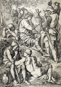 Vikinglere Karşı Savaş: “” Wessex kralı I. Alfred (846-899) arpçı kılığına girerek savaş planlarını bozmak için Guthrum kampına girer, Somerset 878 (Kral Büyük Alfred, müzisyen kılığında, Danis'teki düşman by Peter Johann Nepomuck Geiger